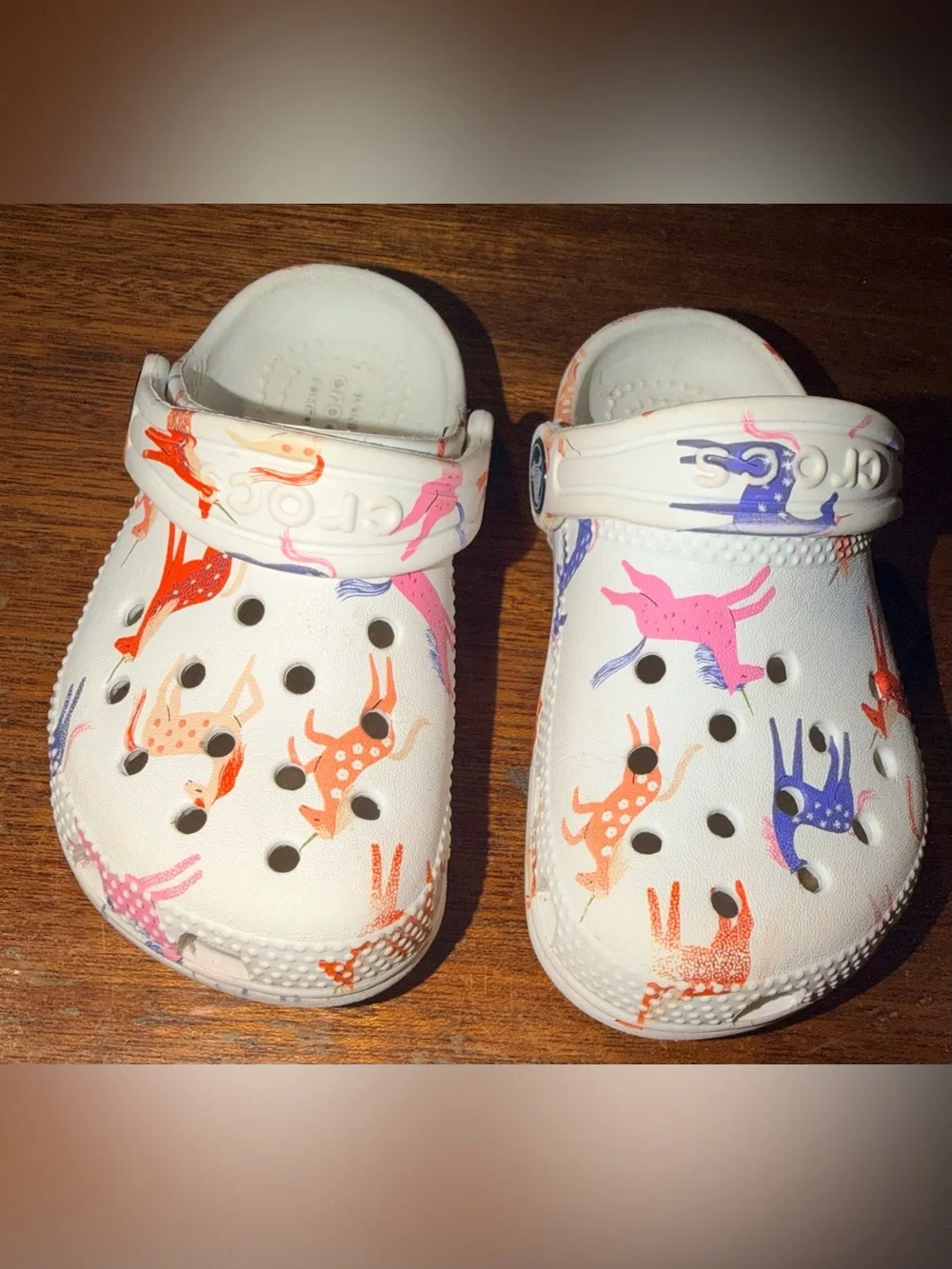 Crocs Unisex Kids C8 White Animal Print Clog Slip On Shoes Logo Strap